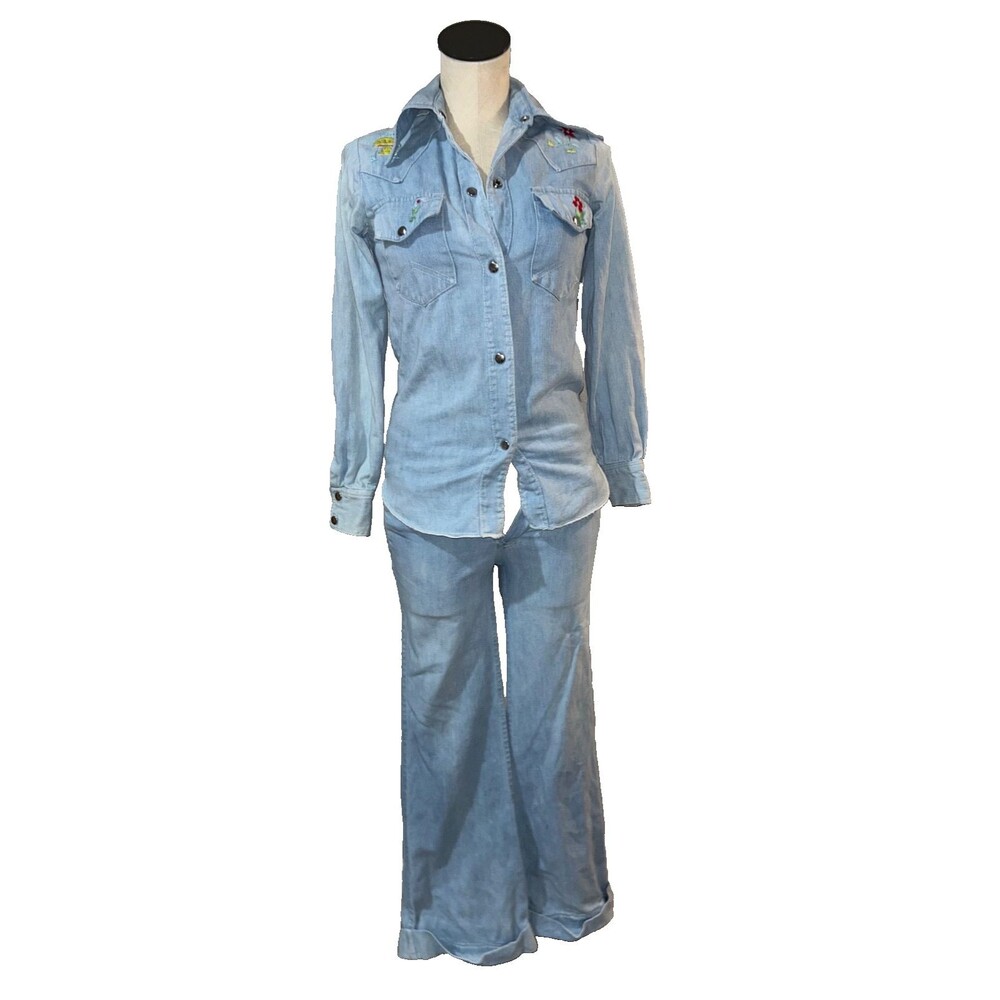 Genesis Women’s Vintage 1970s 2Pc Denim Embroidered Beaded Pant Suit Size S